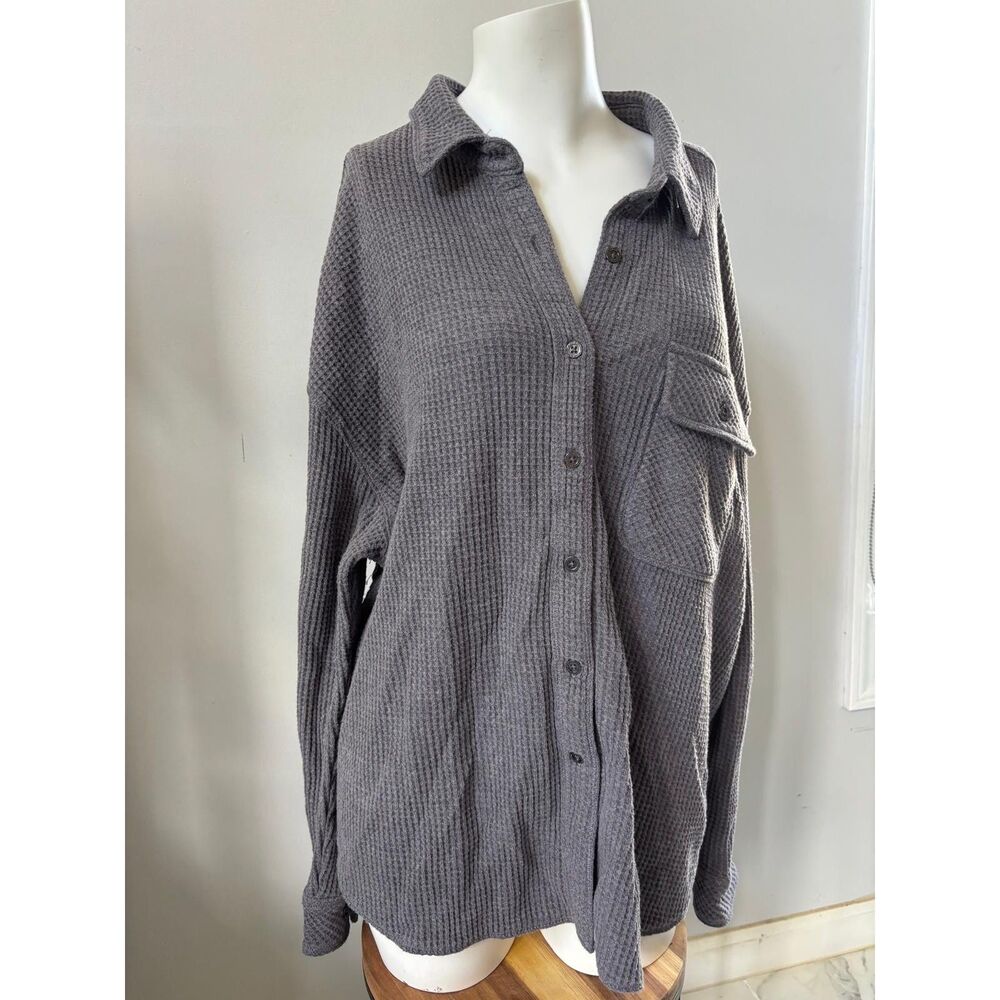 Cozy Grey Waffle Knit Long Sleeve Button Down Shirt Top